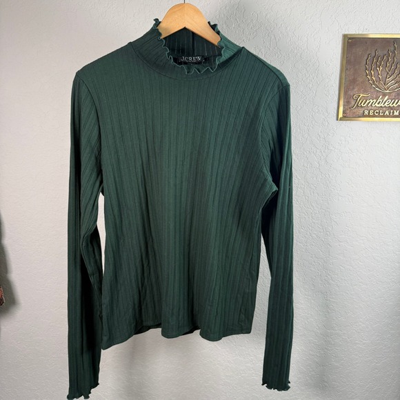 J.Crew Tops - J.Crew Womens Forest Green Ribbed Mock Neck Lettuce Edge Long Sleeve Top Size L
